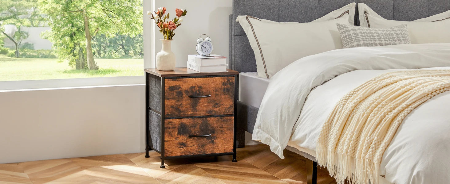 JHK Nightstand For Bedroom With 2 Fabric Drawers Bedside Sofa Table