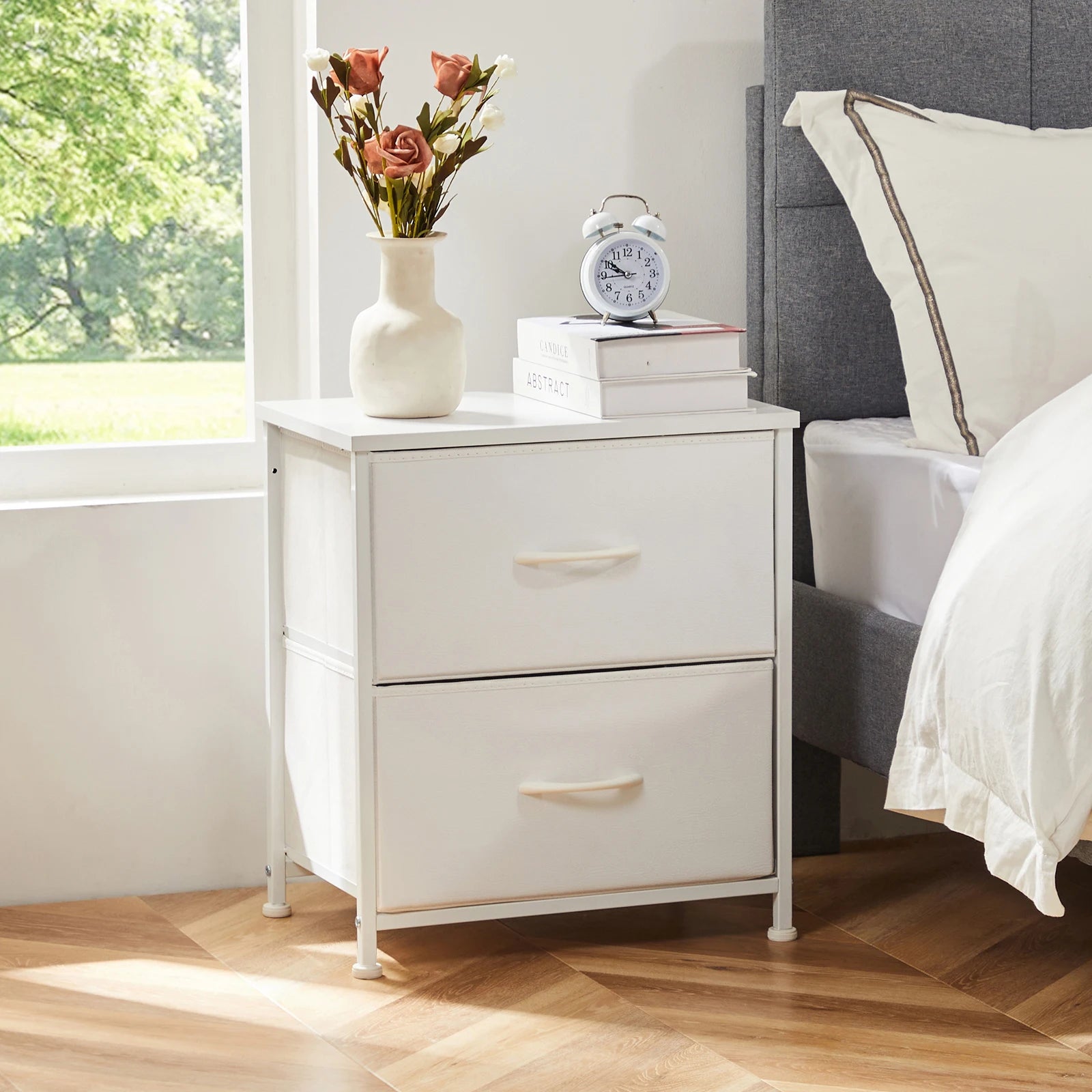 JHK Nightstand For Bedroom With 2 Fabric Drawers Bedside Sofa Table