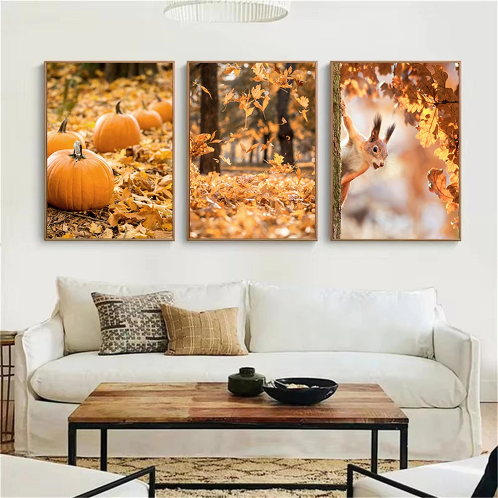 Autumn Landscape Pumpkin Leaves Squirrel Deer Wall Art Canvas