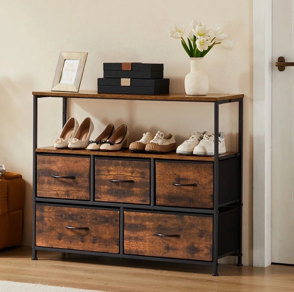 JHK Shoe Cabinet Dresser With 5 Fabric Drawers