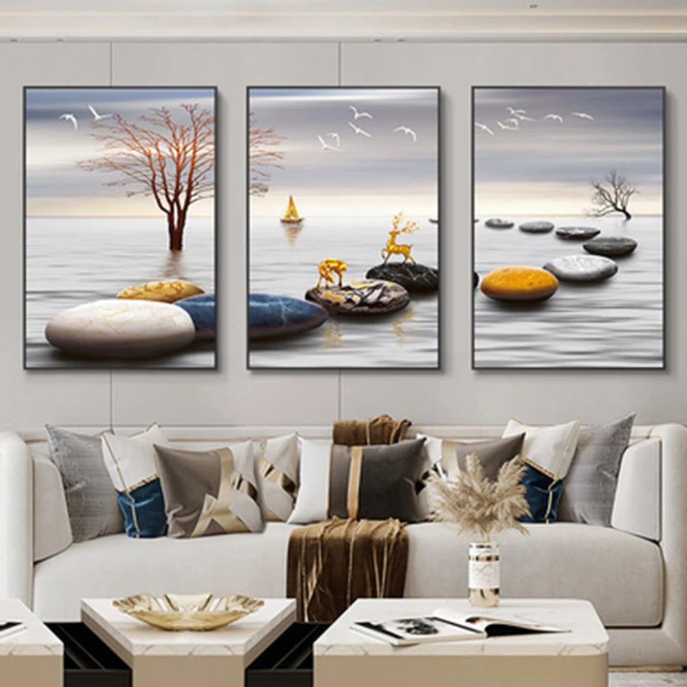 Nordic Luxury Ribbon Abstract Landscape Wall Art Canvas