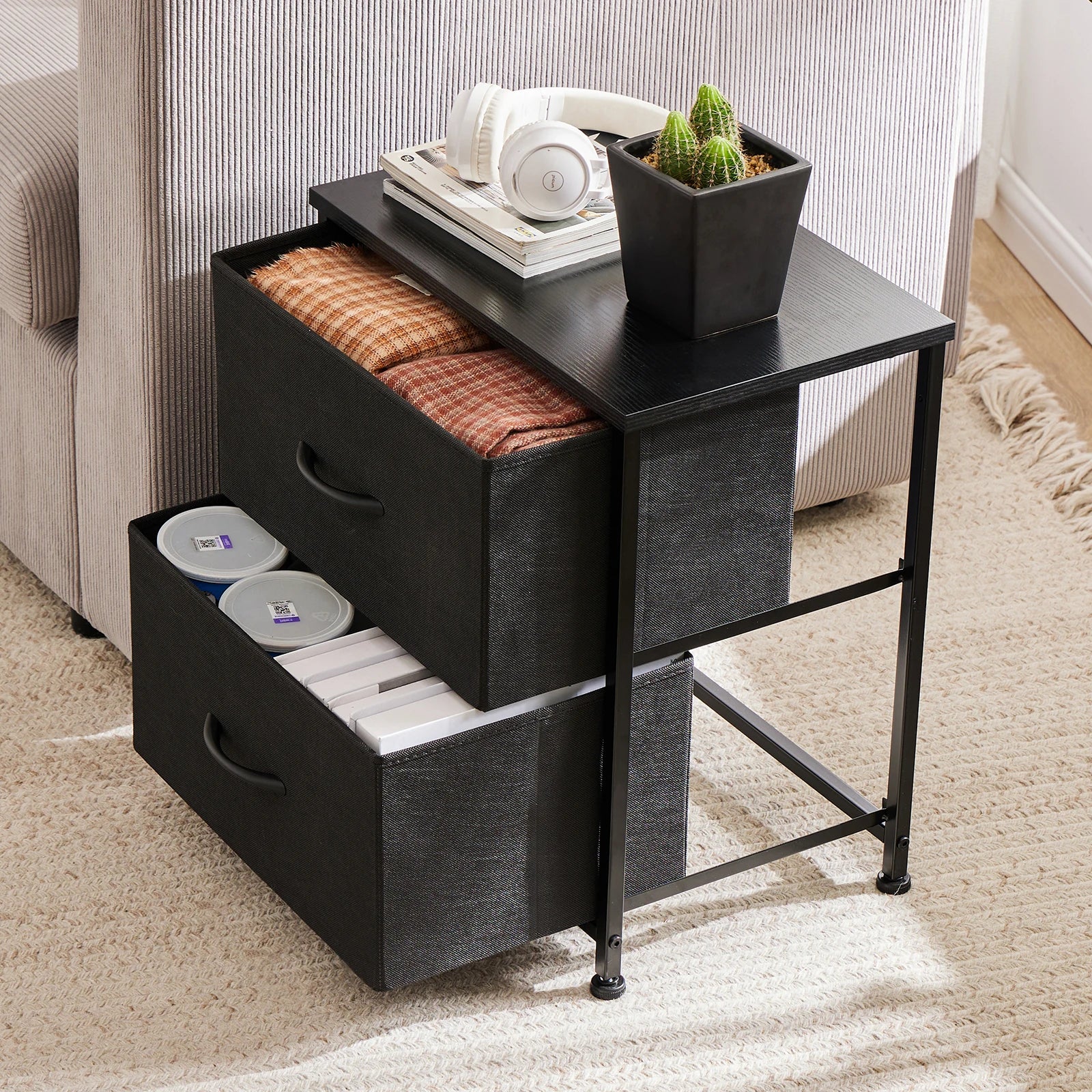 JHK Nightstand For Bedroom With 2 Fabric Drawers Bedside Sofa Table