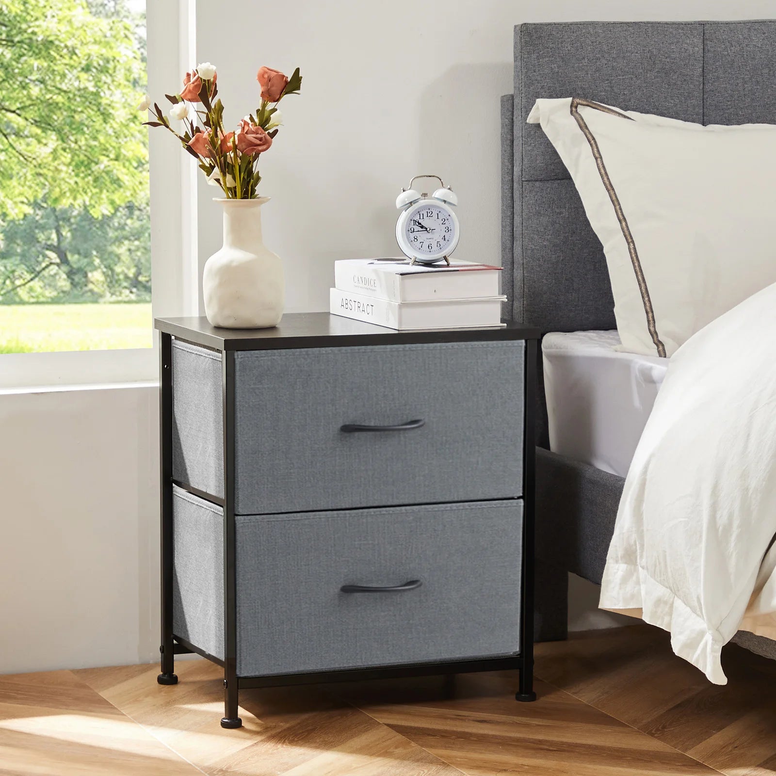 JHK Nightstand For Bedroom With 2 Fabric Drawers Bedside Sofa Table