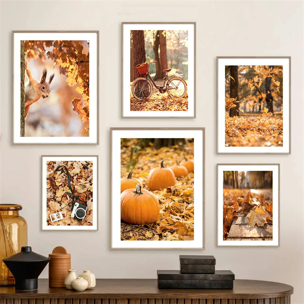 Autumn Landscape Pumpkin Leaves Squirrel Deer Wall Art Canvas