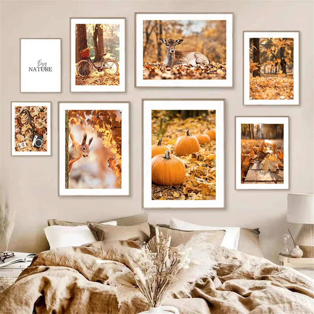 Autumn Landscape Pumpkin Leaves Squirrel Deer Wall Art Canvas