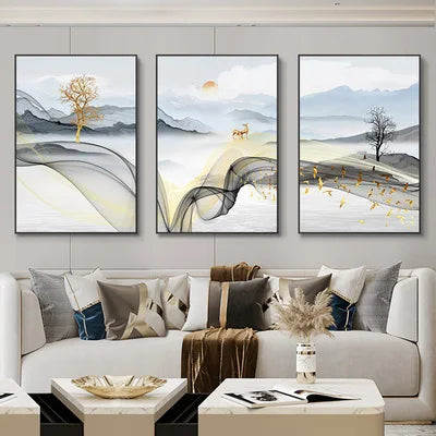 Nordic Luxury Ribbon Abstract Landscape Wall Art Canvas