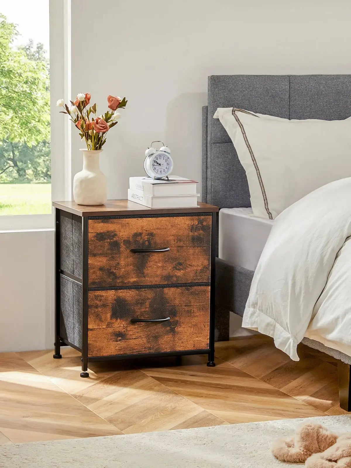 JHK Nightstand For Bedroom With 2 Fabric Drawers Bedside Sofa Table