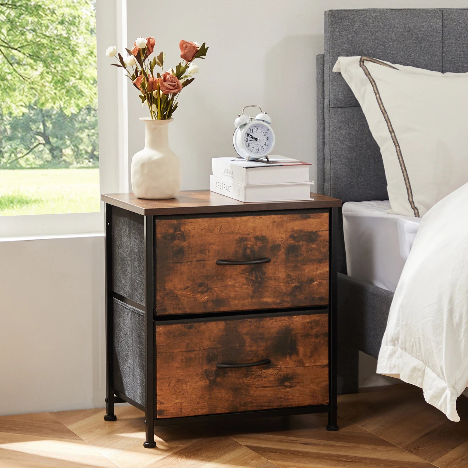 JHK Nightstand For Bedroom With 2 Fabric Drawers Bedside Sofa Table