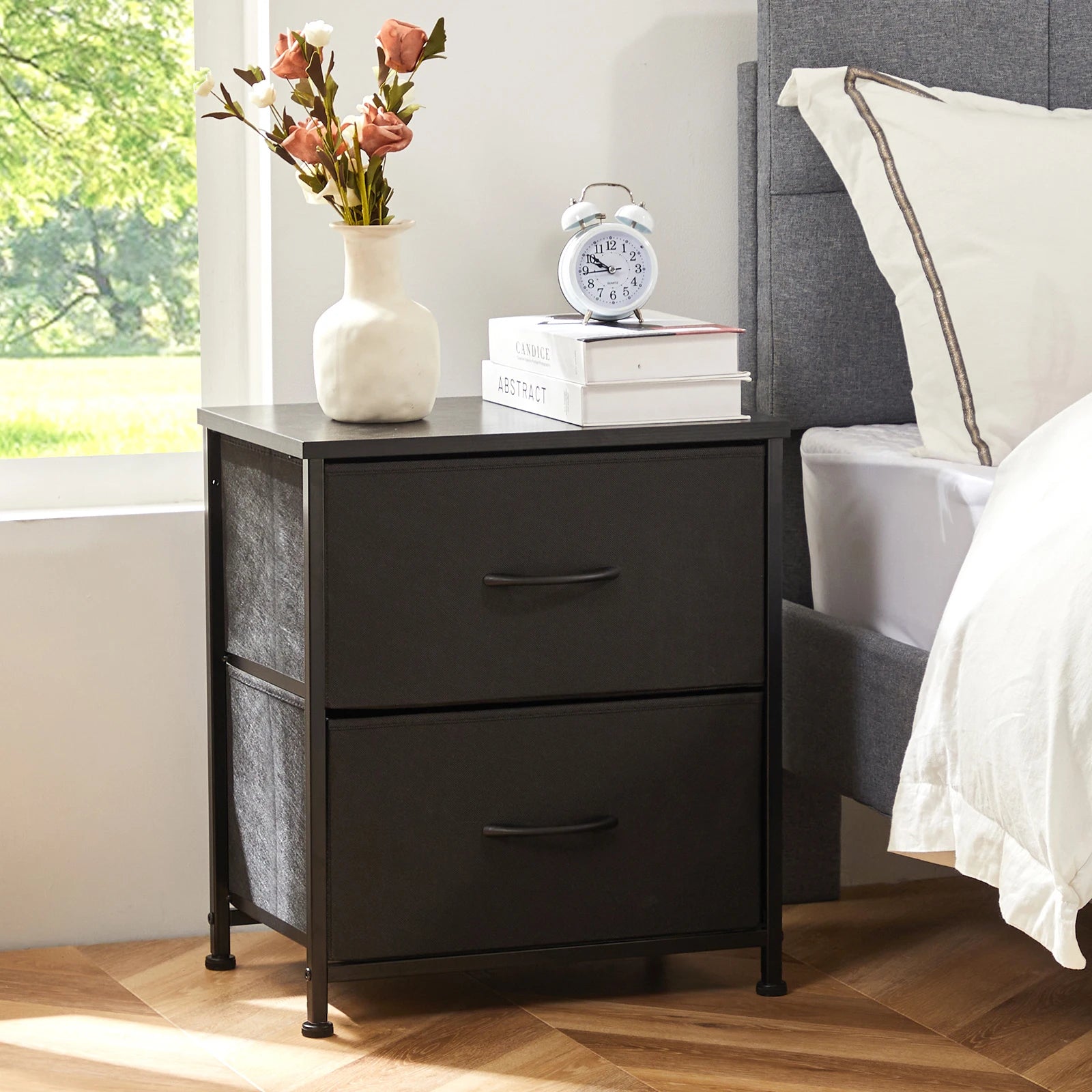 JHK Nightstand For Bedroom With 2 Fabric Drawers Bedside Sofa Table