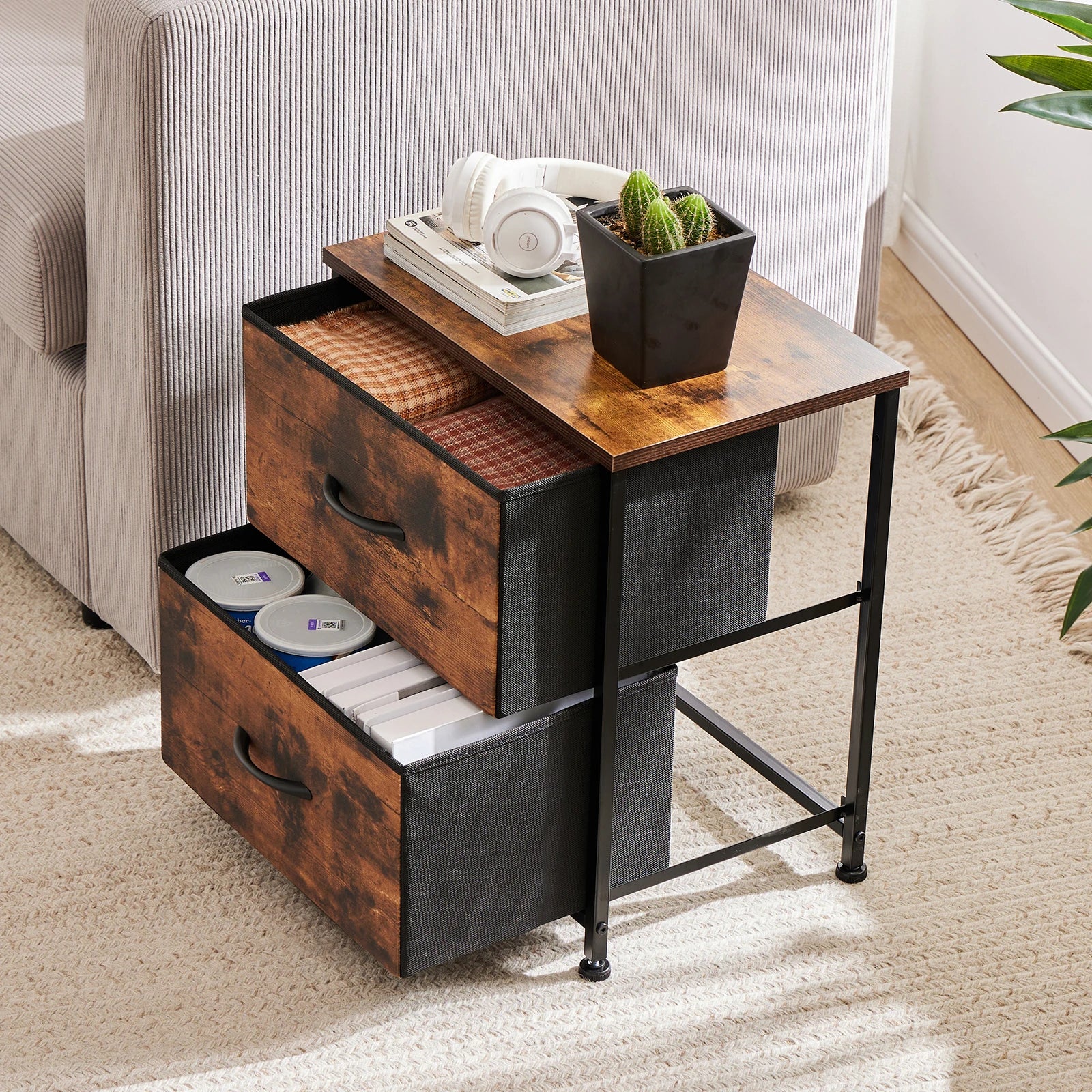 JHK Nightstand For Bedroom With 2 Fabric Drawers Bedside Sofa Table