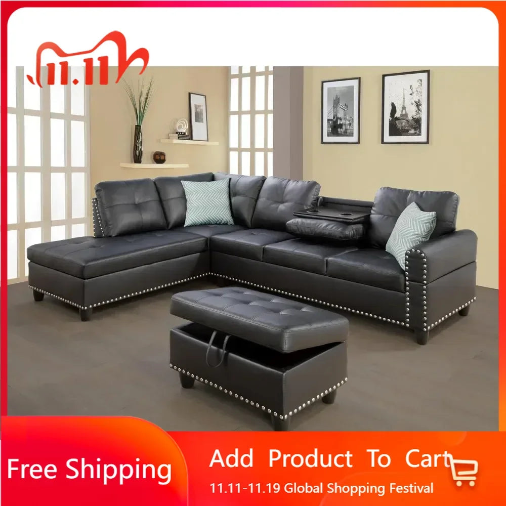 L Shaped Sectional Sofa Set with Storage Ottoman